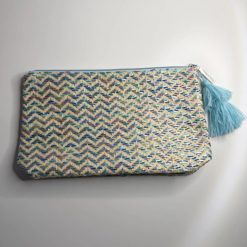 Lancome Cosmetic Bag Woven Blue Multicolored Tasseled Make Up Bag Travel Storage